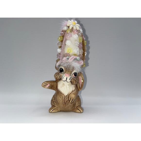 Vintage Ceramic Dancing Easter Bunny With Poof Faux Fur Flower Hat Deb O. OOAK - Picture 8 of 16